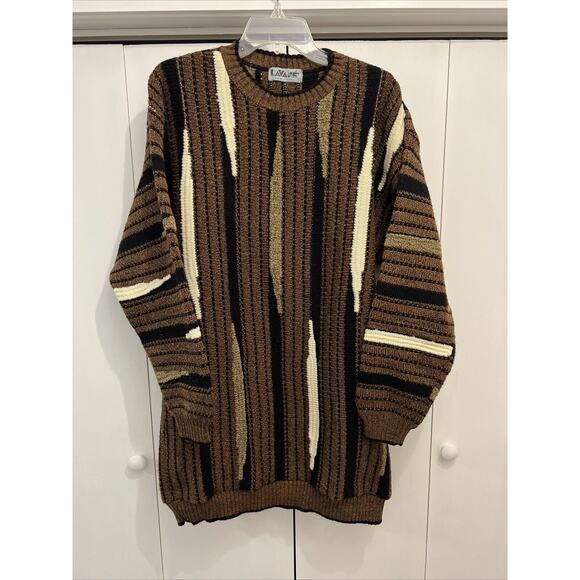 VTG LaVane New York “Coogi Style” Knitted Crewneck Sweater, Elastic Waist Sz L - Picture 1 of 9